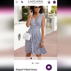 Striped V-Neck Dress - Very Dark Navy and White